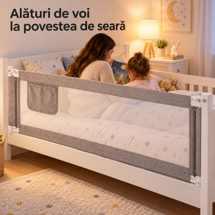Bariera de pat copii VarioShop, pentru protectie laterala, coborare prin butoane, plasa lavabila, inaltime reglabila, fier si poliester, latime 160 cm, alb-gri [5]