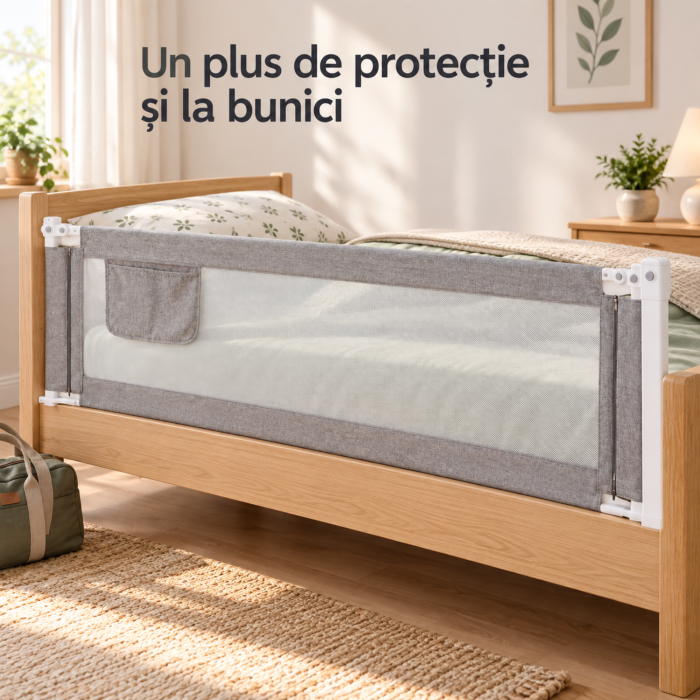 Bariera de pat copii VarioShop, pentru protectie laterala, coborare prin butoane, plasa lavabila, inaltime reglabila, fier si poliester, latime 160 cm, alb-gri [8]