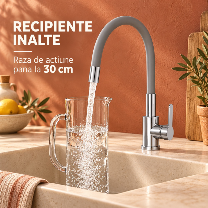Baterie bucatarie cu pipa flexibila VarioShop®, rotire 360°, furtunuri de conectare incluse, otel, ABS si silicon, inaltime 58 cm, argintiu/gri [7]