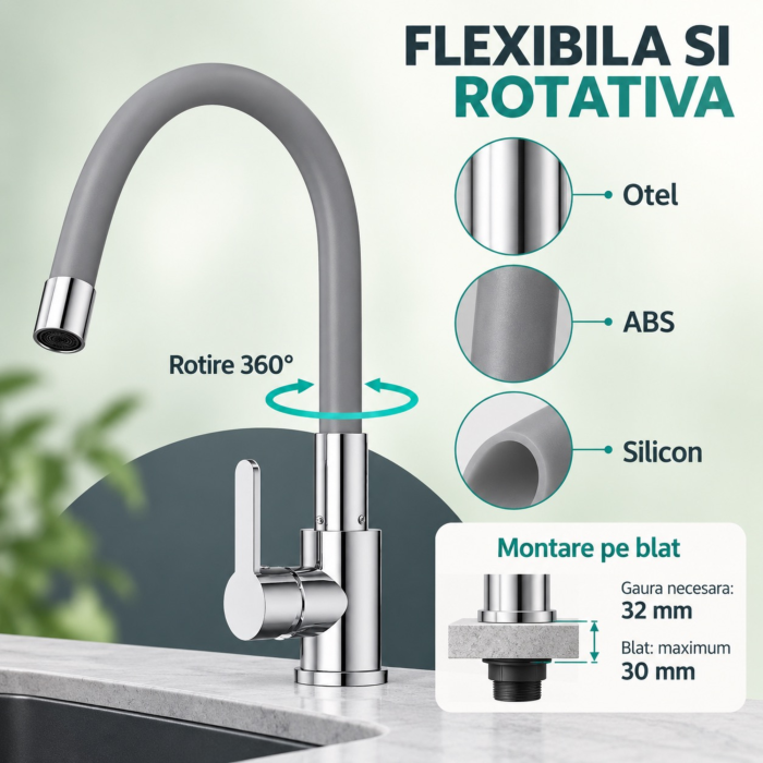 Baterie bucatarie cu pipa flexibila VarioShop®, rotire 360°, furtunuri de conectare incluse, otel, ABS si silicon, inaltime 58 cm, argintiu/gri [2]