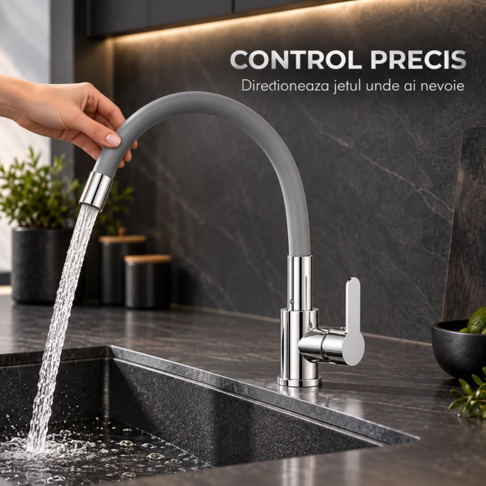 Baterie bucatarie cu pipa flexibila VarioShop®, rotire 360°, furtunuri de conectare incluse, otel, ABS si silicon, inaltime 58 cm, argintiu/gri [10]