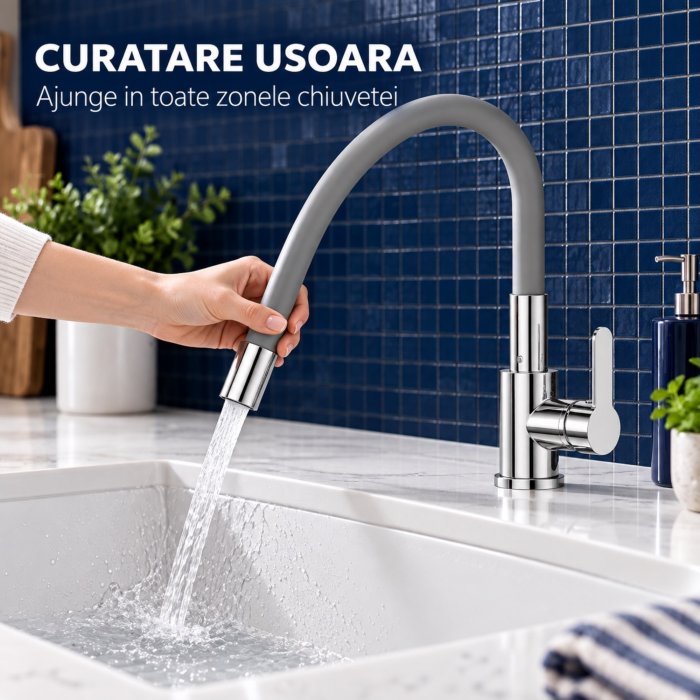 Baterie bucatarie cu pipa flexibila VarioShop®, rotire 360°, furtunuri de conectare incluse, otel, ABS si silicon, inaltime 58 cm, argintiu/gri [6]