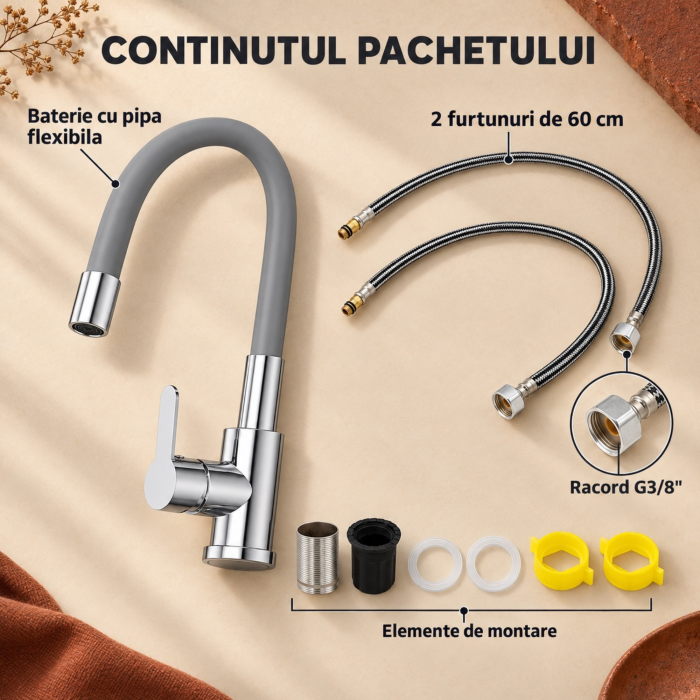 Baterie bucatarie cu pipa flexibila VarioShop®, rotire 360°, furtunuri de conectare incluse, otel, ABS si silicon, inaltime 58 cm, argintiu/gri [11]