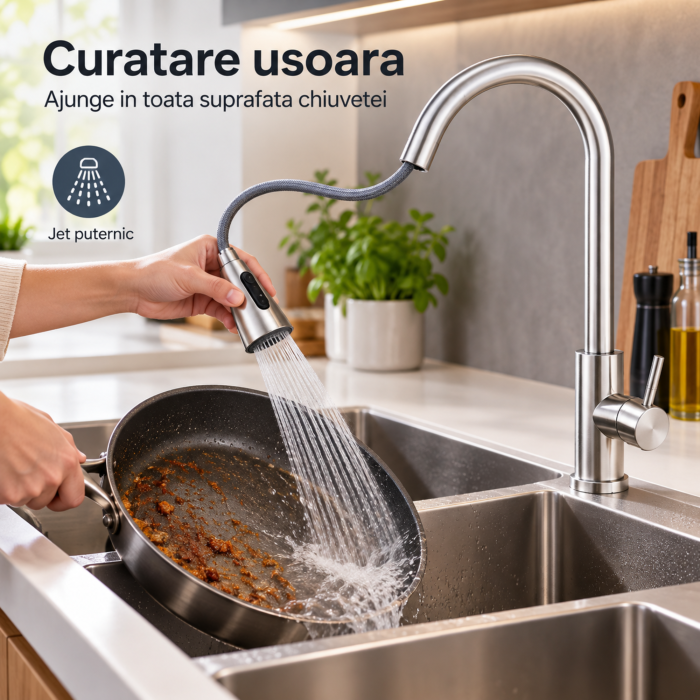 Baterie bucatarie extractibila VarioShop®, din otel inoxidabil, finisaj periat, 2 functii de pulverizare, cap de dus extractibil, furtun flexibil, argintiu [5]