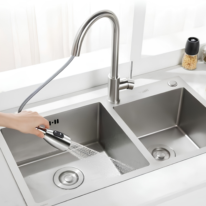 Baterie bucatarie extractibila VarioShop®, din otel inoxidabil, finisaj periat, 2 functii de pulverizare, cap de dus extractibil, furtun flexibil, argintiu [10]