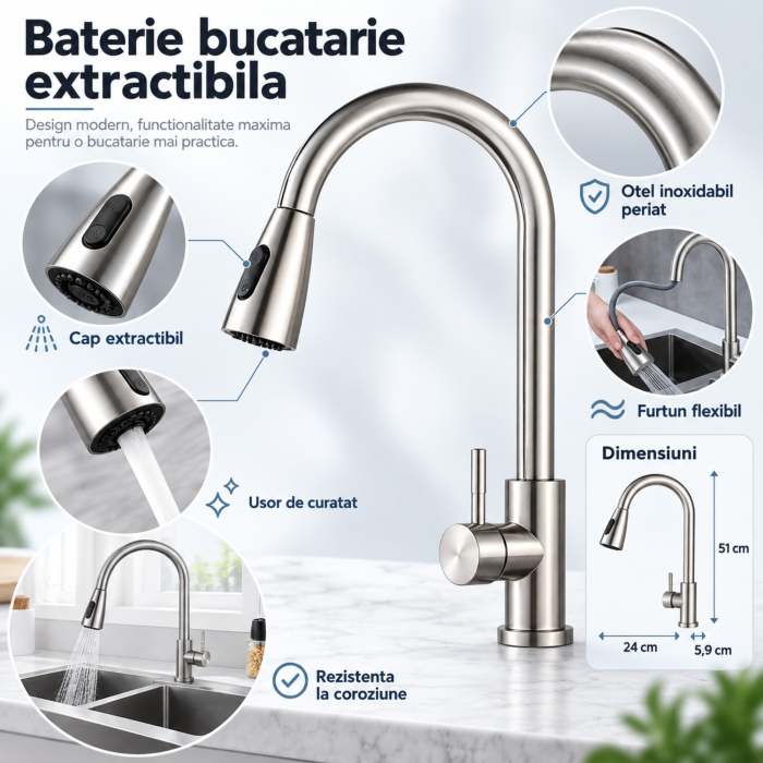 Baterie bucatarie extractibila VarioShop®, din otel inoxidabil, finisaj periat, 2 functii de pulverizare, cap de dus extractibil, furtun flexibil, argintiu [2]