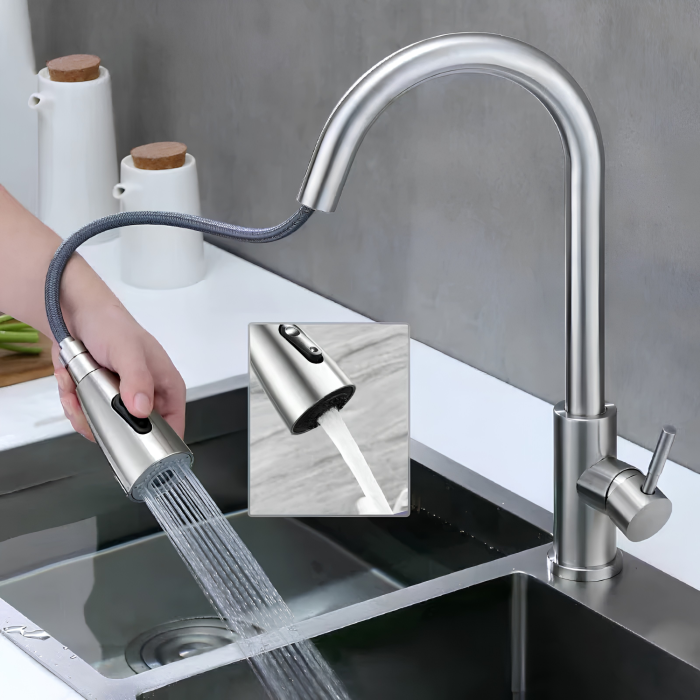 Baterie bucatarie extractibila VarioShop®, din otel inoxidabil, finisaj periat, 2 functii de pulverizare, cap de dus extractibil, furtun flexibil, argintiu [9]