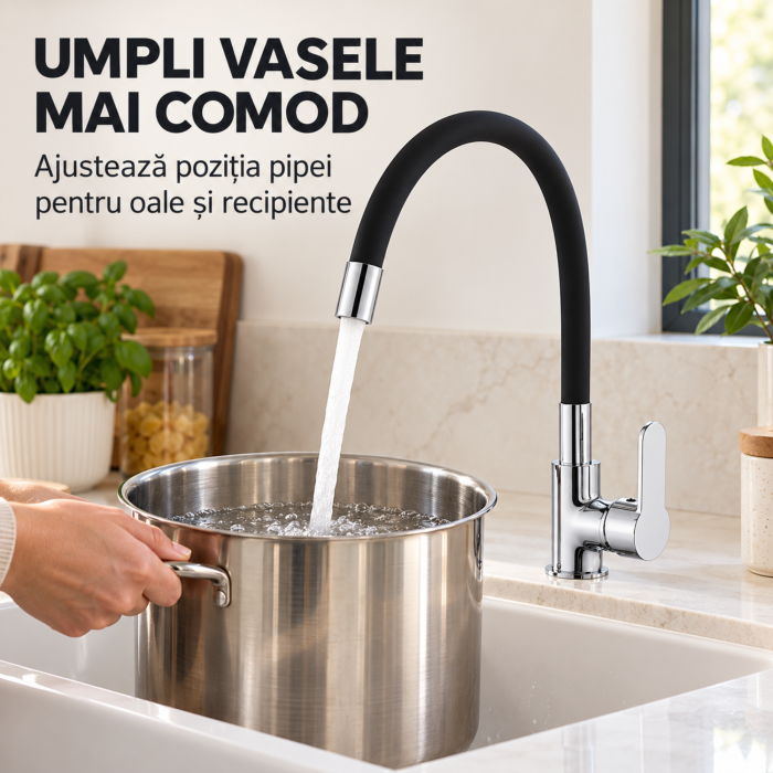 Baterie bucatarie VarioShop, pentru spalare si umplerea vaselor, pipa flexibila si rotativa, montaj vertical, accesorii incluse, inaltime aproximativ 36 cm, negru mat [5]