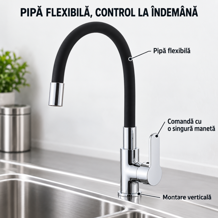 Baterie bucatarie VarioShop, pentru spalare si umplerea vaselor, pipa flexibila si rotativa, montaj vertical, accesorii incluse, inaltime aproximativ 36 cm, negru mat [2]