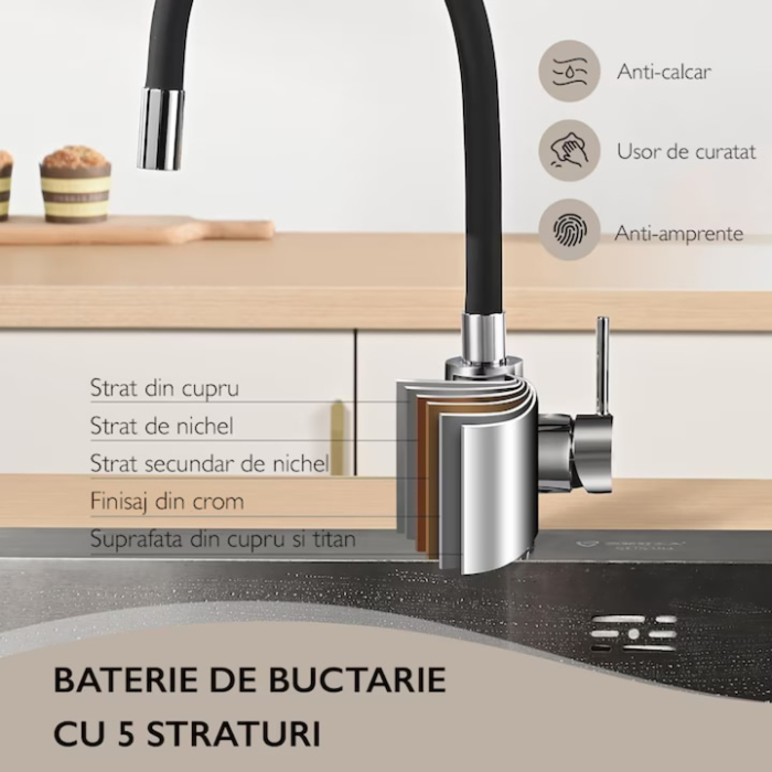 Baterie de bucatarie flexibila VarioShop®, cu gura pivotanta 360°, design modern, functionalitate maxima, otel inoxidabil, Negru [3]