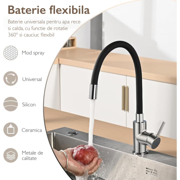Baterie de bucatarie flexibila VarioShop®, cu gura pivotanta 360°, design modern, functionalitate maxima, otel inoxidabil, Negru [5]
