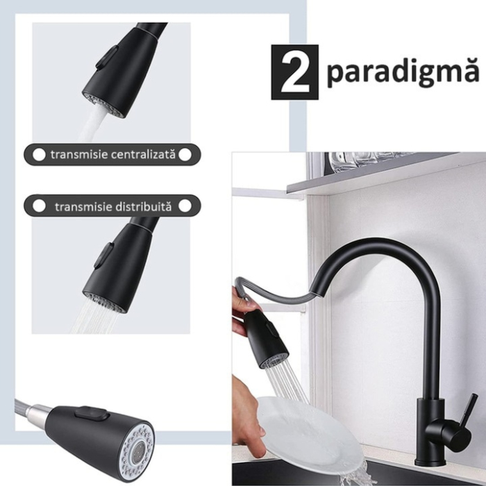 Baterie de bucatarie VarioShop®, cu furtun retractabil 80 cm, 2 functii pulverizare, gura flexibila rotativa, inaltime 40 cm, instalare rapida, negru mat [3]