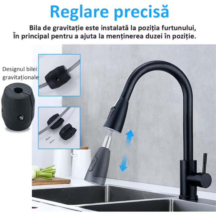 Baterie de bucatarie VarioShop®, cu furtun retractabil 80 cm, 2 functii pulverizare, gura flexibila rotativa, inaltime 40 cm, instalare rapida, negru mat [2]