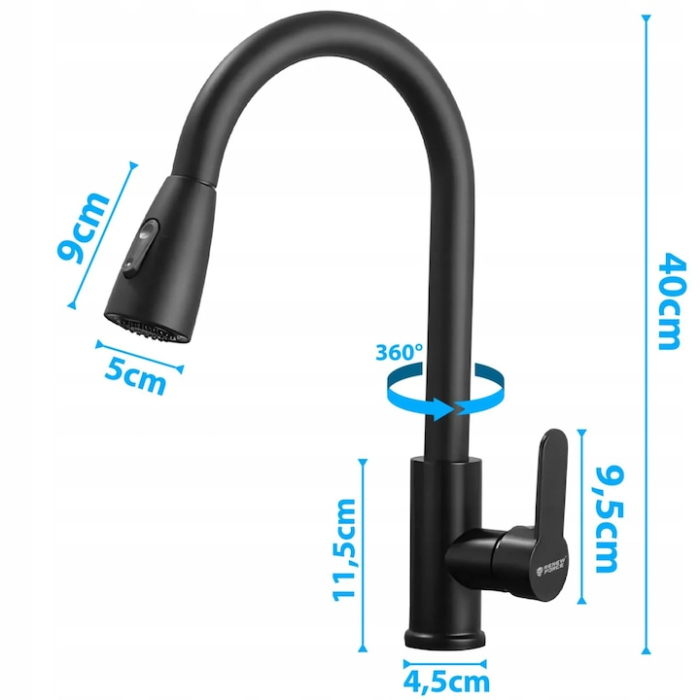 Baterie de bucatarie VarioShop®, cu furtun retractabil 80 cm, 2 functii pulverizare, gura flexibila rotativa, inaltime 40 cm, instalare rapida, negru mat [9]