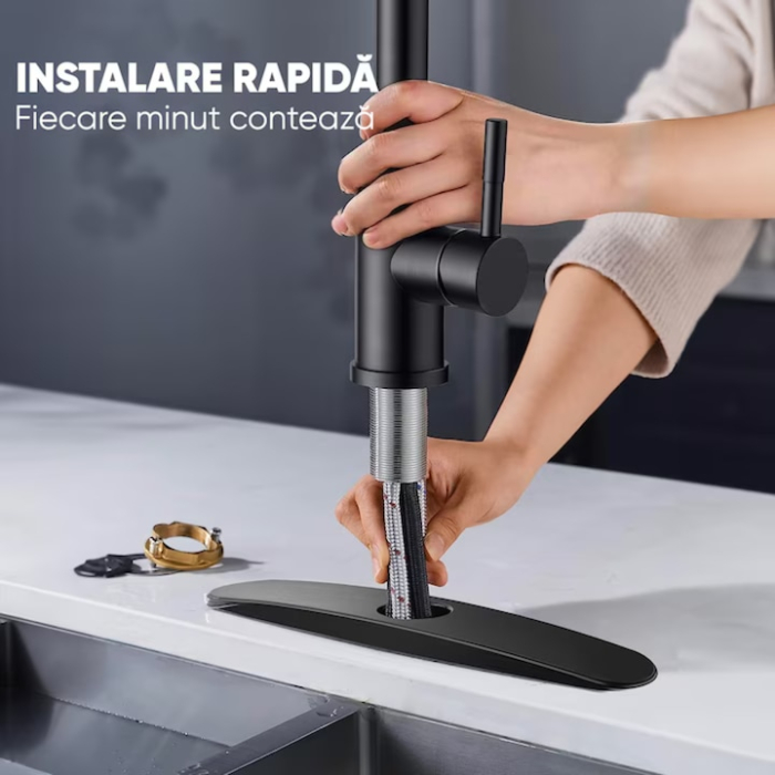 Baterie de bucatarie VarioShop®, cu furtun retractabil 80 cm, 2 functii pulverizare, gura flexibila rotativa, inaltime 40 cm, instalare rapida, negru mat [4]