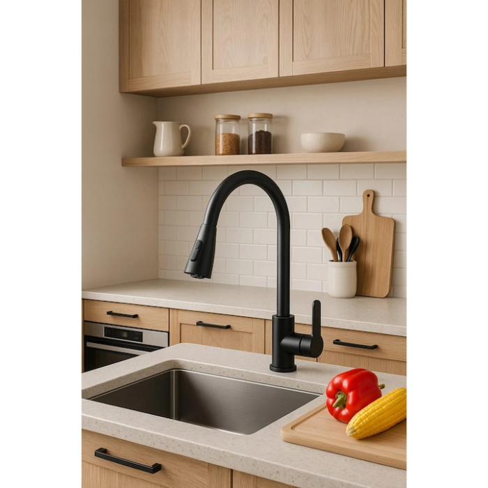 Baterie de bucatarie VarioShop®, cu furtun retractabil 80 cm, 2 functii pulverizare, gura flexibila rotativa, inaltime 40 cm, instalare rapida, negru mat [8]