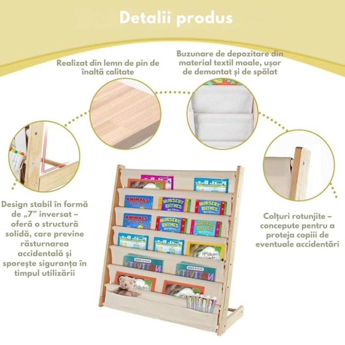 Biblioteca pentru copii, VarioShop®, cu 6 rafturi din material textil, structura din lemn natural, stabila si sigura, 79×62.5×30 cm, organizator pentru carti, reviste si jucarii, design Montessori [6]