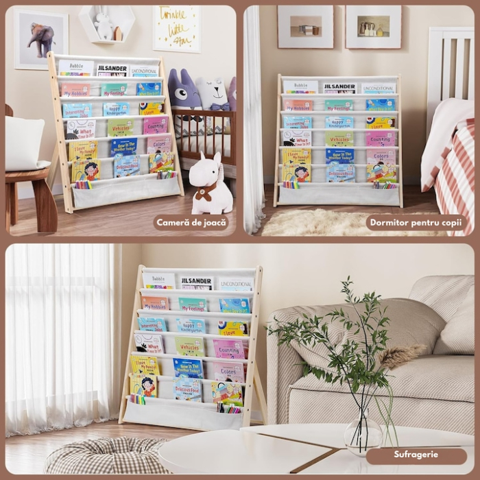 Biblioteca pentru copii, VarioShop®, cu 6 rafturi din material textil, structura din lemn natural, stabila si sigura, 79×62.5×30 cm, organizator pentru carti, reviste si jucarii, design Montessori [3]