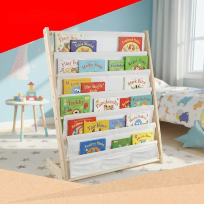 Biblioteca pentru copii, VarioShop®, cu 6 rafturi din material textil, structura din lemn natural, stabila si sigura, 79×62.5×30 cm, organizator pentru carti, reviste si jucarii, design Montessori [10]