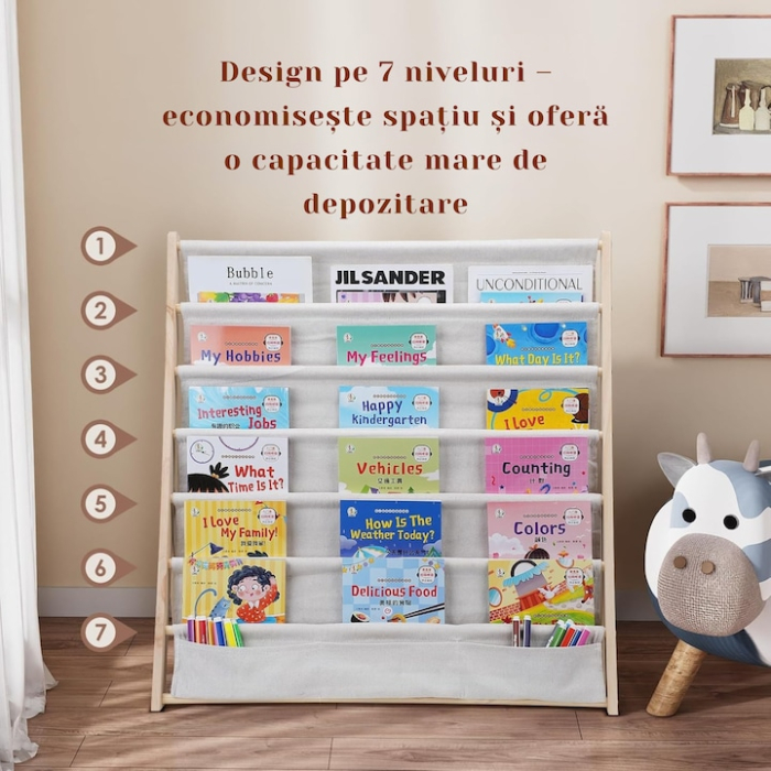 Biblioteca pentru copii, VarioShop®, cu 6 rafturi din material textil, structura din lemn natural, stabila si sigura, 79×62.5×30 cm, organizator pentru carti, reviste si jucarii, design Montessori [2]