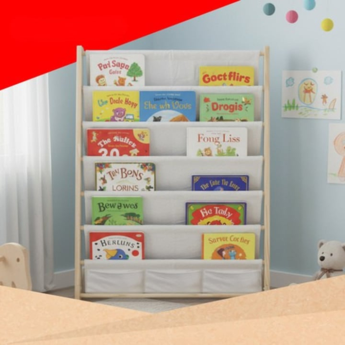 Biblioteca pentru copii, VarioShop®, cu 6 rafturi din material textil, structura din lemn natural, stabila si sigura, 79×62.5×30 cm, organizator pentru carti, reviste si jucarii, design Montessori [11]