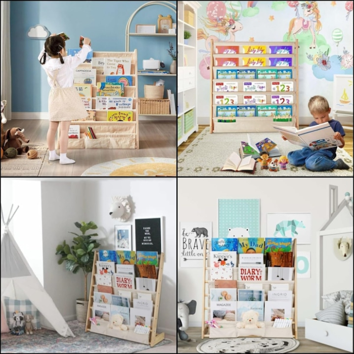 Biblioteca pentru copii, VarioShop®, cu 6 rafturi din material textil, structura din lemn natural, stabila si sigura, 79×62.5×30 cm, organizator pentru carti, reviste si jucarii, design Montessori [7]