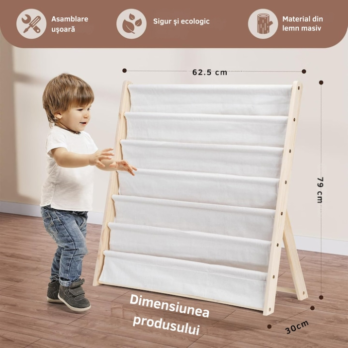 Biblioteca pentru copii, VarioShop®, cu 6 rafturi din material textil, structura din lemn natural, stabila si sigura, 79×62.5×30 cm, organizator pentru carti, reviste si jucarii, design Montessori [4]