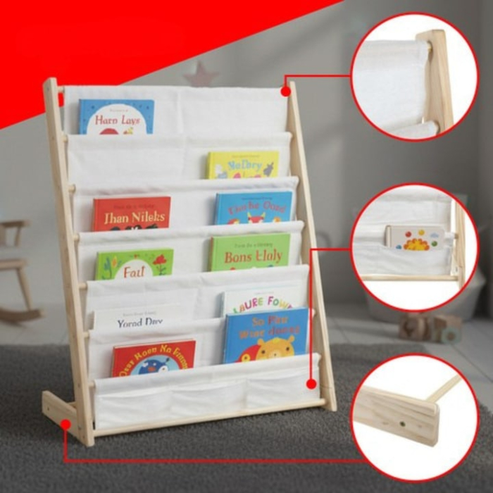 Biblioteca pentru copii, VarioShop®, cu 6 rafturi din material textil, structura din lemn natural, stabila si sigura, 79×62.5×30 cm, organizator pentru carti, reviste si jucarii, design Montessori [9]