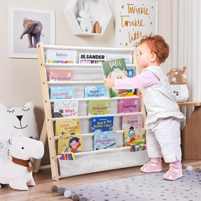 Biblioteca pentru copii, VarioShop®, cu 6 rafturi din material textil, structura din lemn natural, stabila si sigura, 79×62.5×30 cm, organizator pentru carti, reviste si jucarii, design Montessori [8]
