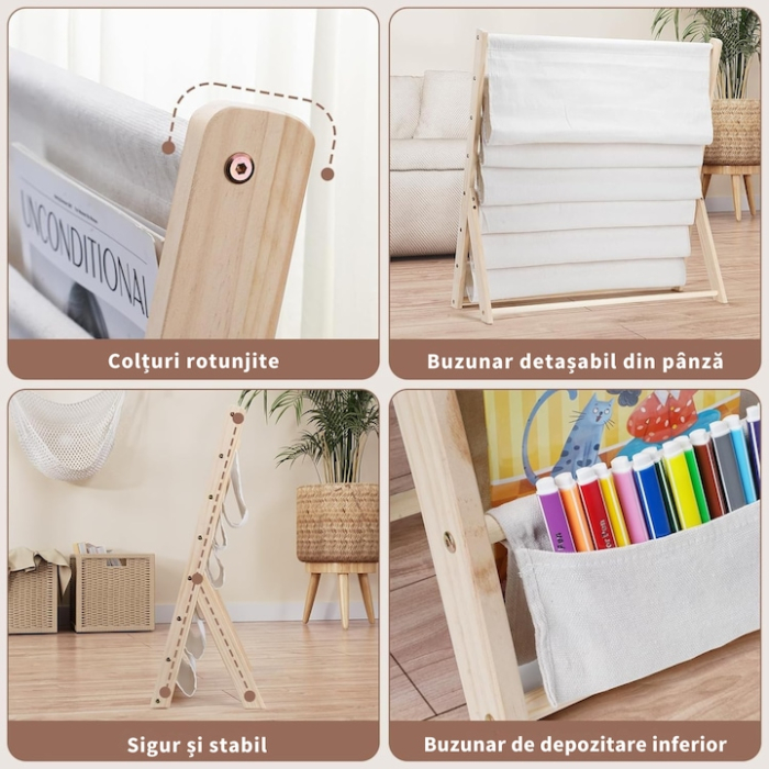 Biblioteca pentru copii, VarioShop®, cu 6 rafturi din material textil, structura din lemn natural, stabila si sigura, 79×62.5×30 cm, organizator pentru carti, reviste si jucarii, design Montessori [5]