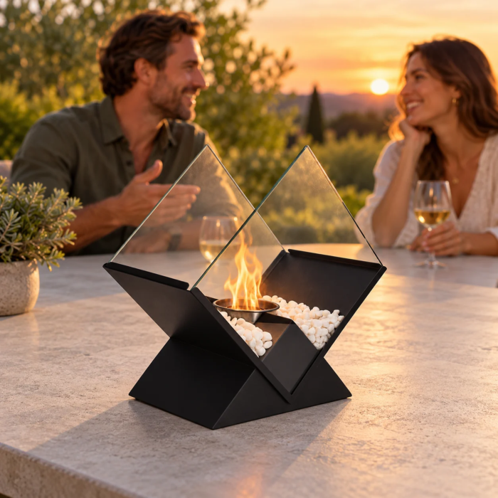 Biosemineu de masa VarioShop® cu flacara reala, 2 panouri de sticla si pietricele decorative, functioneaza cu bioetanol, fara cos de fum, 26,5 x 25 x 15 cm, negru [6]