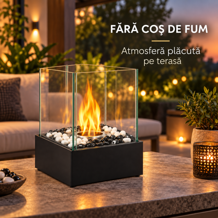 Biosemineu de masa VarioShop® cu flacara reala, sticla borosilicata securizata, pietre decorative albe si negre, fara cos de fum, 29 × 24,5 × 20,5 cm, negru [7]