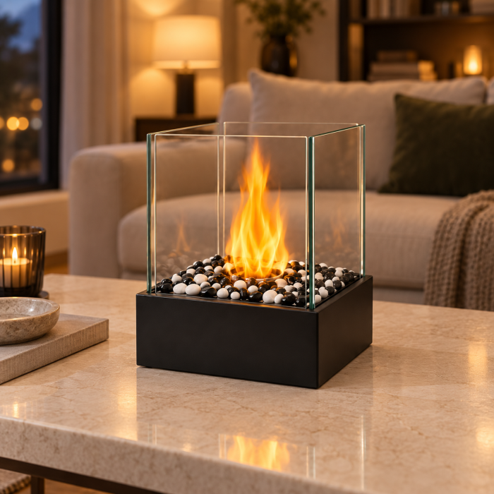Biosemineu de masa VarioShop® cu flacara reala, sticla borosilicata securizata, pietre decorative albe si negre, fara cos de fum, 29 × 24,5 × 20,5 cm, negru [11]