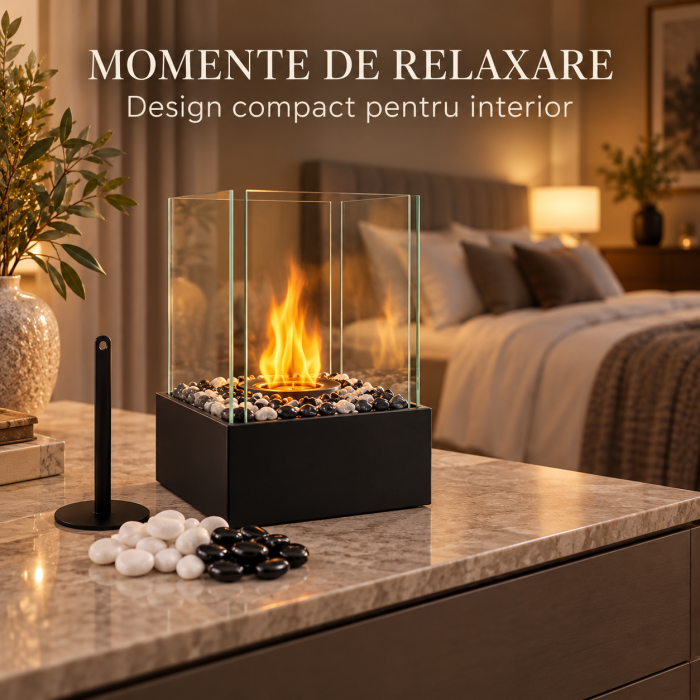 Biosemineu de masa VarioShop® cu flacara reala, sticla borosilicata securizata, pietre decorative albe si negre, fara cos de fum, 29 × 24,5 × 20,5 cm, negru [9]