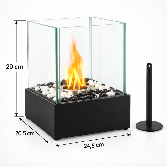 Biosemineu de masa VarioShop® cu flacara reala, sticla borosilicata securizata, pietre decorative albe si negre, fara cos de fum, 29 × 24,5 × 20,5 cm, negru [4]