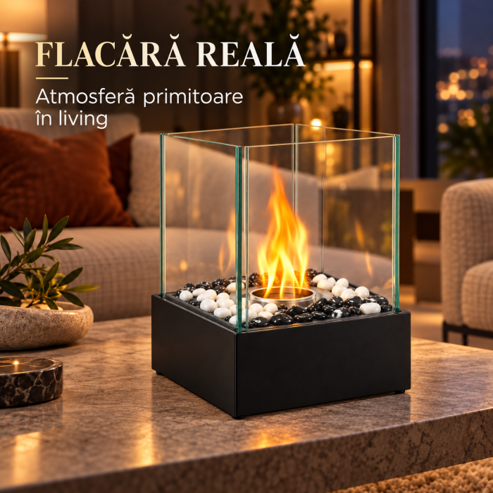 Biosemineu de masa VarioShop® cu flacara reala, sticla borosilicata securizata, pietre decorative albe si negre, fara cos de fum, 29 × 24,5 × 20,5 cm, negru [8]