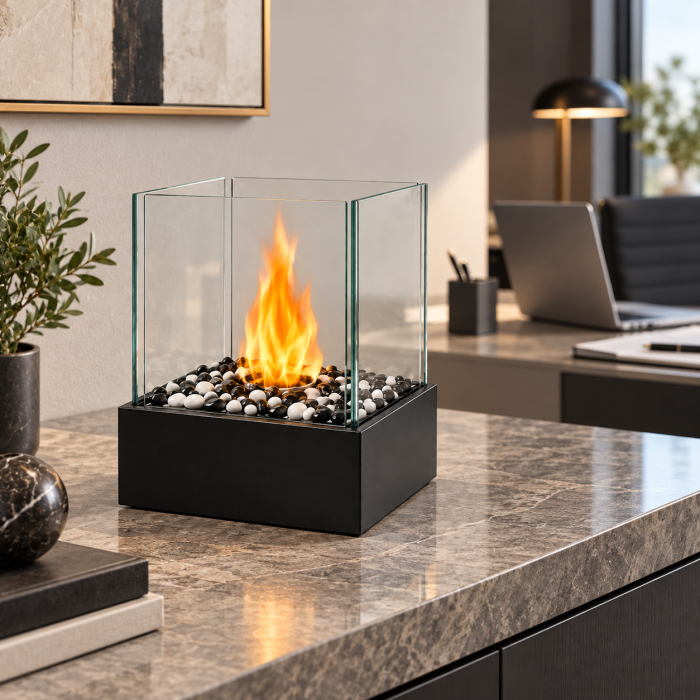 Biosemineu de masa VarioShop® cu flacara reala, sticla borosilicata securizata, pietre decorative albe si negre, fara cos de fum, 29 × 24,5 × 20,5 cm, negru [3]