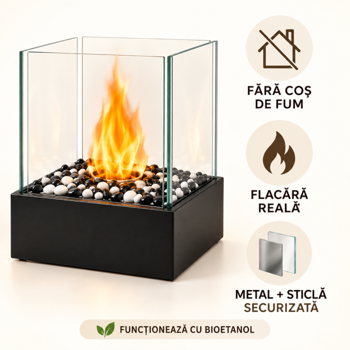 Biosemineu de masa VarioShop® cu flacara reala, sticla borosilicata securizata, pietre decorative albe si negre, fara cos de fum, 29 × 24,5 × 20,5 cm, negru [10]