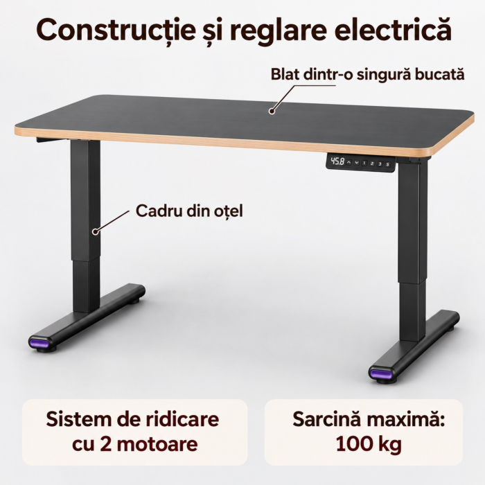 Birou electric reglabil VarioShop®, două motoare, 3 poziții memorabile, afișaj LED, înălțime 73–120 cm, sistem anticoliziune, blat din lemn 140 × 60 cm, negru [7]