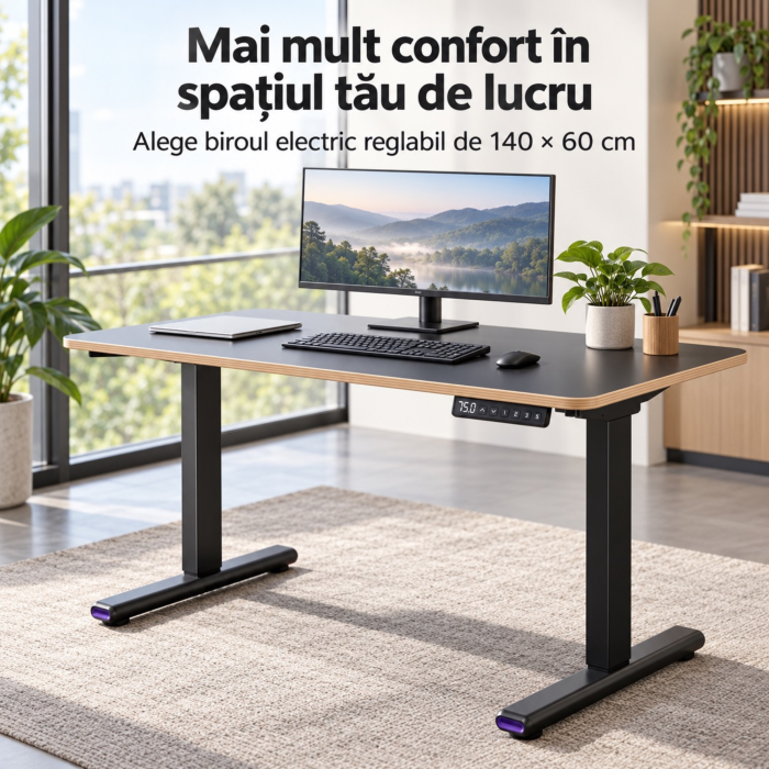 Birou electric reglabil VarioShop®, două motoare, 3 poziții memorabile, afișaj LED, înălțime 73–120 cm, sistem anticoliziune, blat din lemn 140 × 60 cm, negru [2]