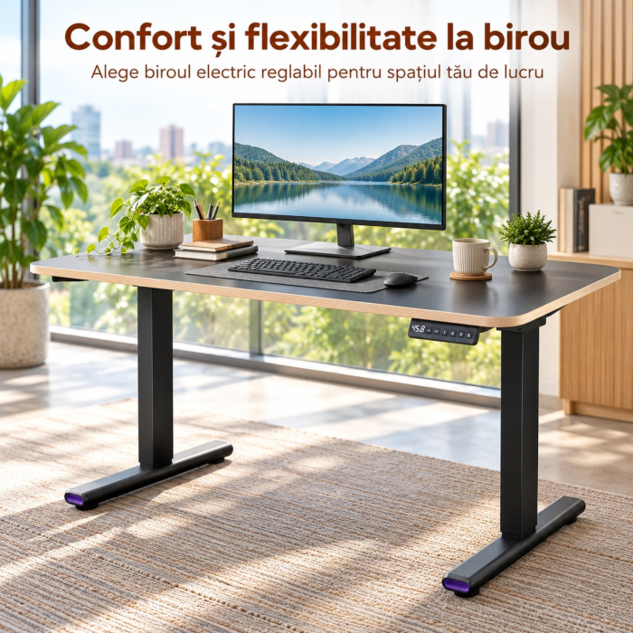 Birou electric reglabil VarioShop®, două motoare, 3 poziții memorabile, afișaj LED, înălțime 73–120 cm, sistem anticoliziune, blat din lemn 140 × 60 cm, negru [6]