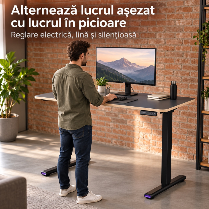 Birou electric reglabil VarioShop®, două motoare, 3 poziții memorabile, afișaj LED, înălțime 73–120 cm, sistem anticoliziune, blat din lemn 140 × 60 cm, negru [8]