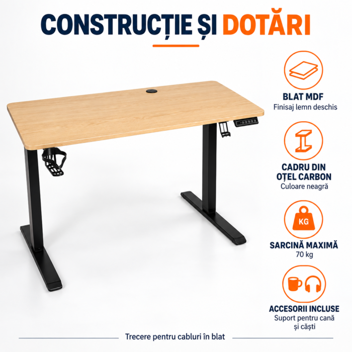 Birou electric reglabil VarioShop®, inaltime 72-118 cm, memorie 3 niveluri, blat 120x60 cm, suport casti si pahar, canal cabluri, lemn/negru [4]