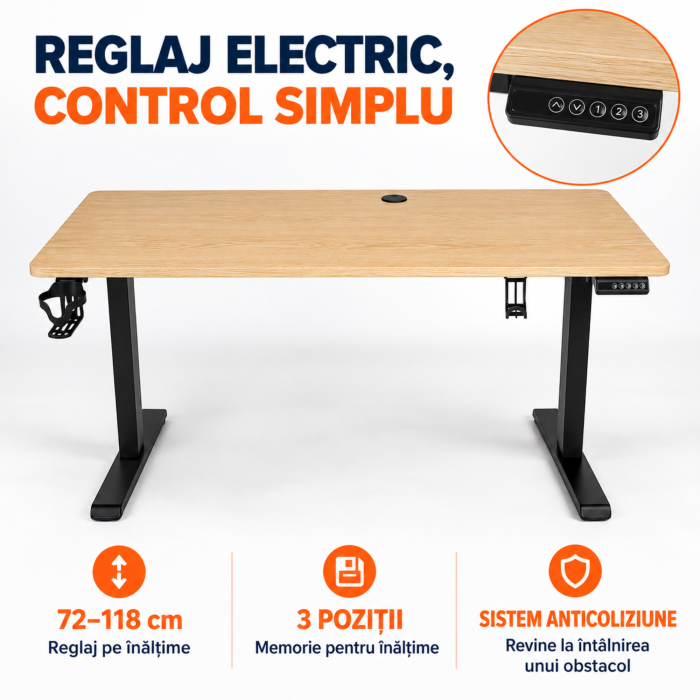 Birou electric reglabil VarioShop®, inaltime 72-118 cm, memorie 3 niveluri, blat 120x60 cm, suport casti si pahar, canal cabluri, lemn/negru [3]