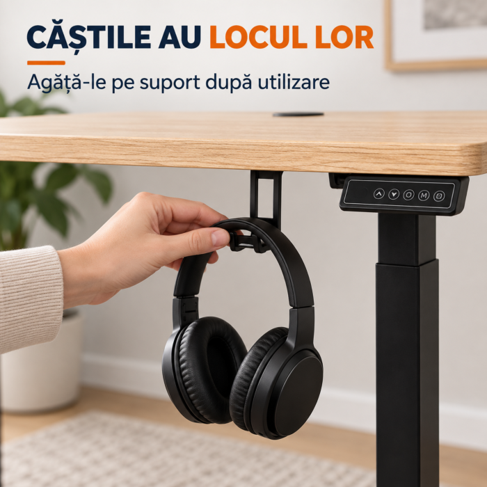 Birou electric reglabil VarioShop®, inaltime 72-118 cm, memorie 3 niveluri, blat 120x60 cm, suport casti si pahar, canal cabluri, lemn/negru [5]
