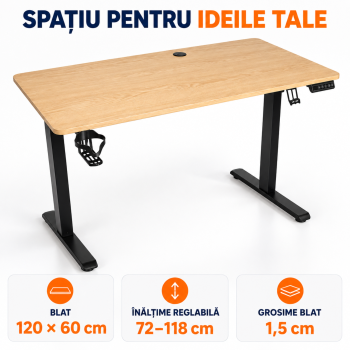 Birou electric reglabil VarioShop®, inaltime 72-118 cm, memorie 3 niveluri, blat 120x60 cm, suport casti si pahar, canal cabluri, lemn/negru [2]