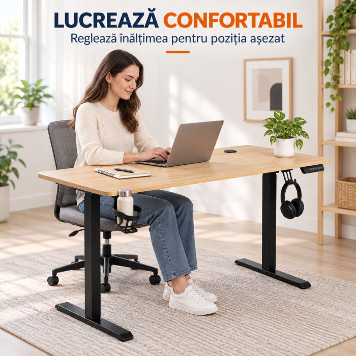 Birou electric reglabil VarioShop®, inaltime 72-118 cm, memorie 3 niveluri, blat 120x60 cm, suport casti si pahar, canal cabluri, lemn/negru [9]