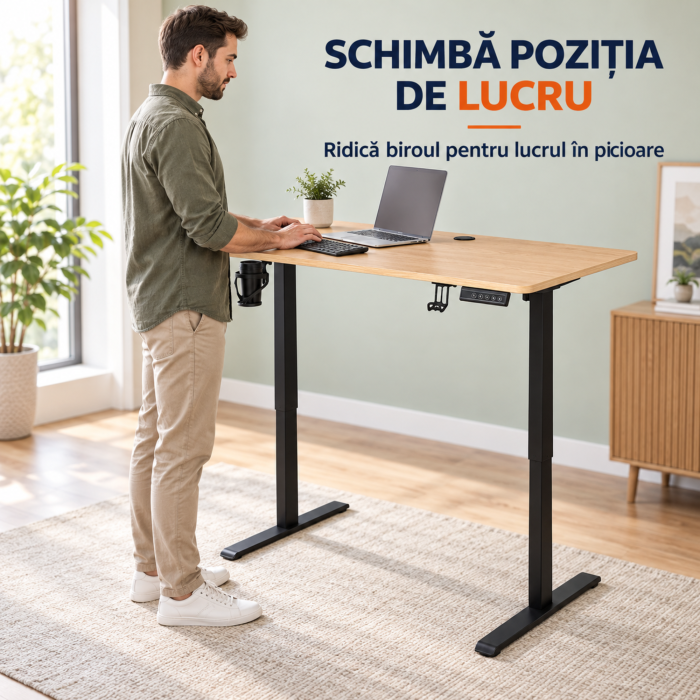 Birou electric reglabil VarioShop®, inaltime 72-118 cm, memorie 3 niveluri, blat 120x60 cm, suport casti si pahar, canal cabluri, lemn/negru [10]