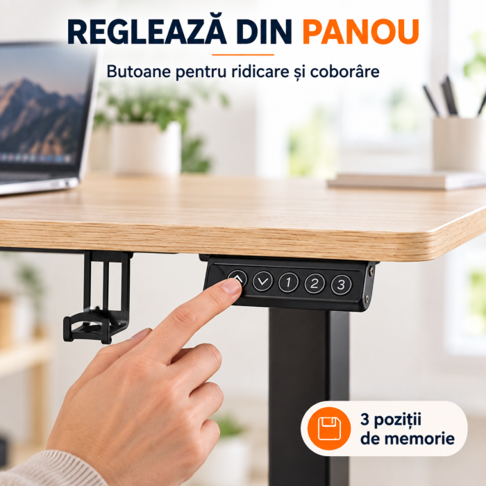 Birou electric reglabil VarioShop®, inaltime 72-118 cm, memorie 3 niveluri, blat 120x60 cm, suport casti si pahar, canal cabluri, lemn/negru [8]