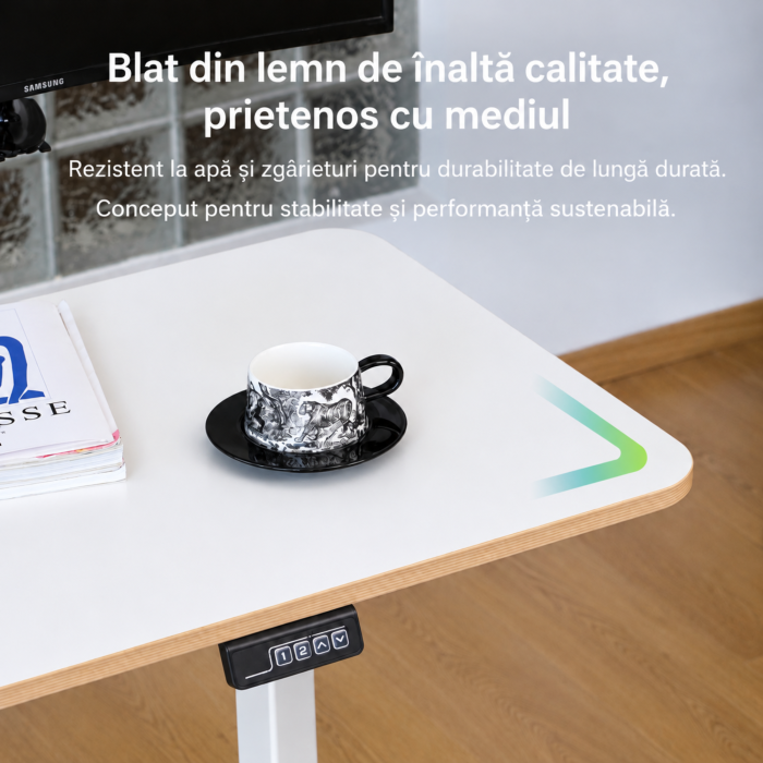 Birou electric reglabil VarioShop®, inaltime 73–118 cm, 2 pozitii de memorie, sistem anticoliziune, organizator cabluri, blat dintr-o singura bucata, 120x60 cm, alb [7]